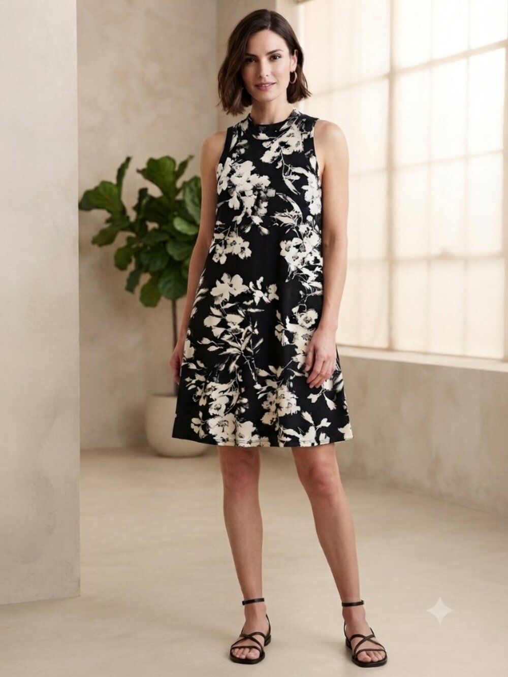 Karen Kane Black White Floral A-Line Sleeveless Dress Size XS